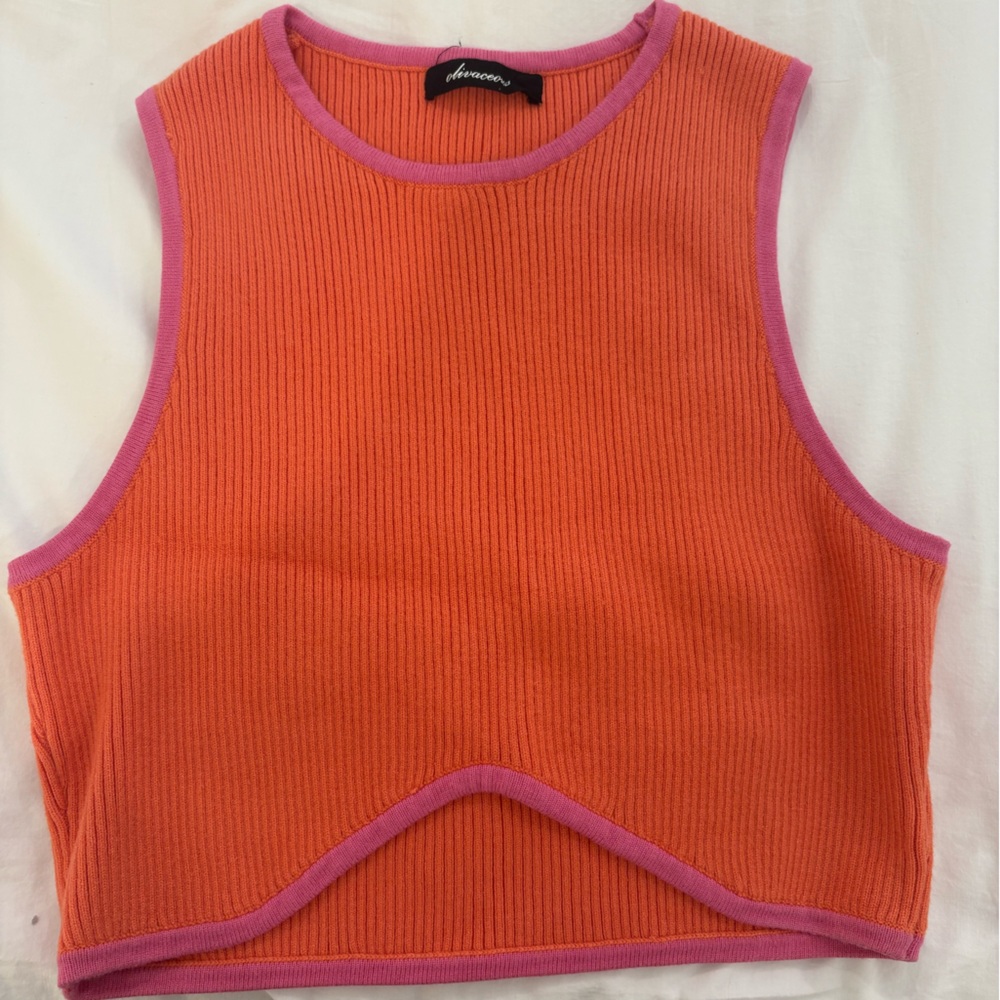 Olivaceous Orange Ribbed Crop Tank with Pink Trim